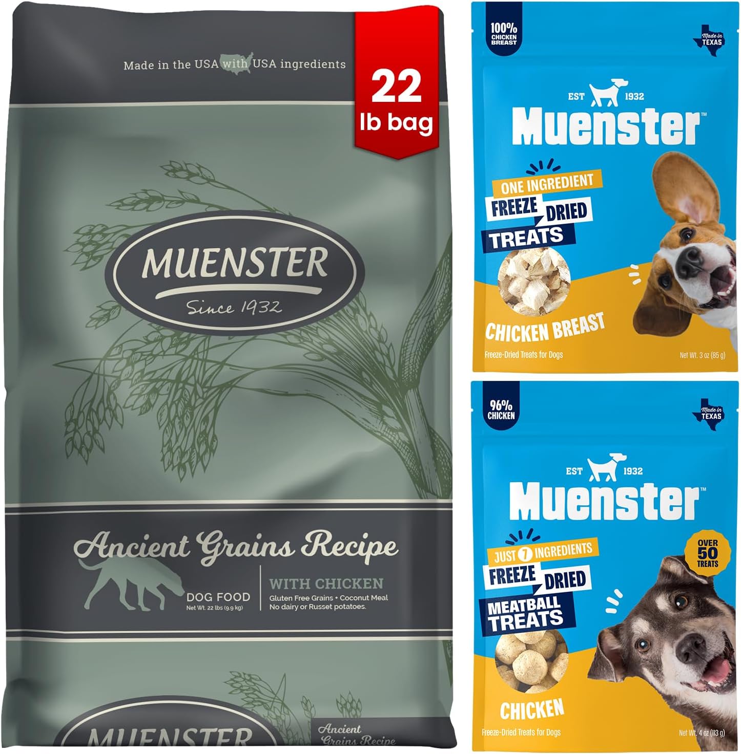 Muenster High Protein Dog Food Bundle – Ancient Grains Chicken Kibble + Freeze Dried Raw Chicken Treats & Toppers – Small Batch, USA Made, Gut Health Support, Premium Natural Dog Food + Healthy Treats