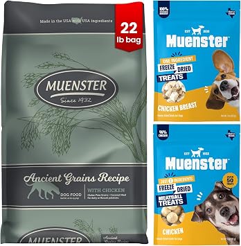 Muenster High Protein Dog Food Bundle Ancient Grains Chicken Kibble + Freeze Dried Raw Chicken Treats & Toppers Small Batch, USA Made, Gut Health Support, Premium Natural Dog Food + Healthy Treats