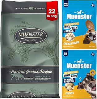 Muenster High Protein Dog Food Bundle – Ancient Grains Chicken Kibble + Freeze Dried Raw Chicken Treats & Toppers – Small Batch, USA Made, Gut Health Support, Premium Natural Dog Food + Healthy Treats