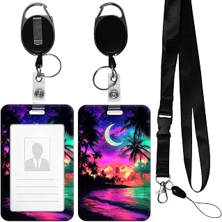 Lanyards for Id Badges Beach Palm Trees Sliding Badge Holder with Retractable Badge Reel Clip & Detachable Lanyard Strap Vertical Card Protector for Nurse Student Teacher Office