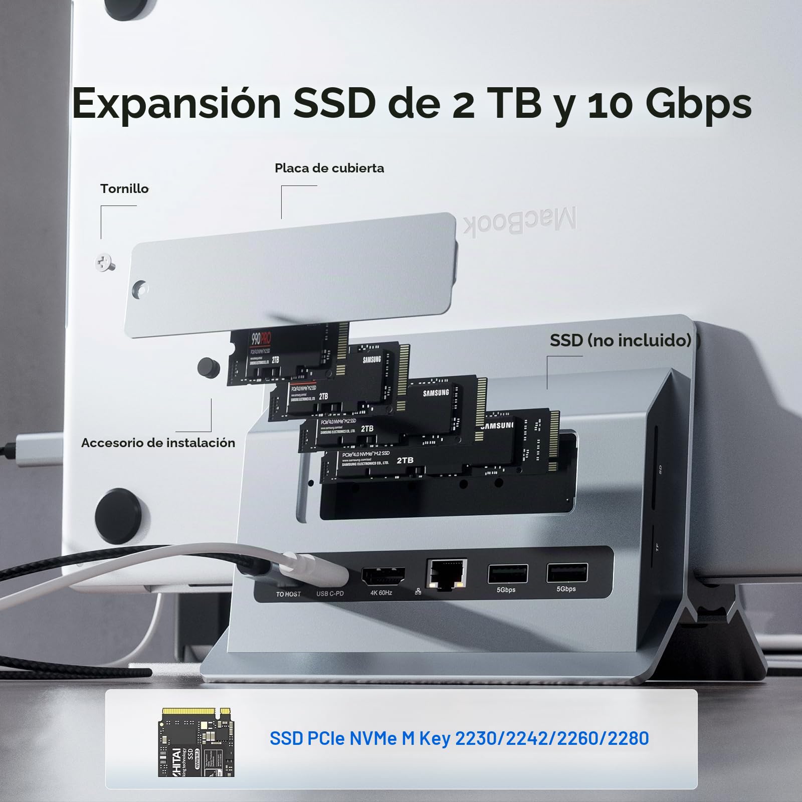 Estación de Acoplamiento Vertical para MacBook con Carcasa M.2 NVMe | PULWTOP Macbook Docking Station con M.2 NVMe SSD, HDMI 4K@60Hz, USB C 10Gbps, SD/TF, RJ45, para Windows y MacBook, Gris