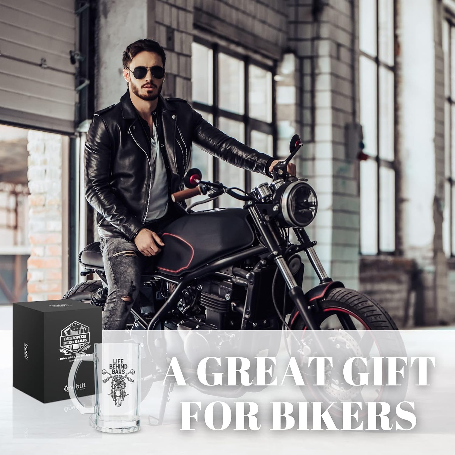Onebttl Motorcycle Biker Gifts for Men - Life Behind Bars Beer Stein - Funny Motorbike Lover Glass Mug with Bottle Opener 17oz