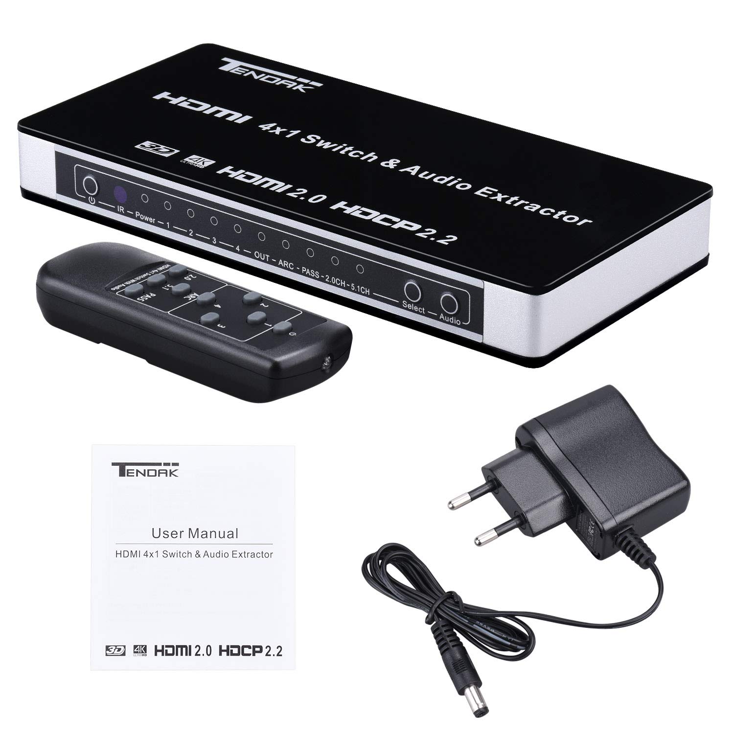 Tendak 4 Ports HDMI Commutateur 4K Répartiteur HDMI 4 en 1 avec Optique et L/R Audio Extracteur avec Télécommande Supporte 4K@60Hz UHD HDCP 2.2 Arc 3D