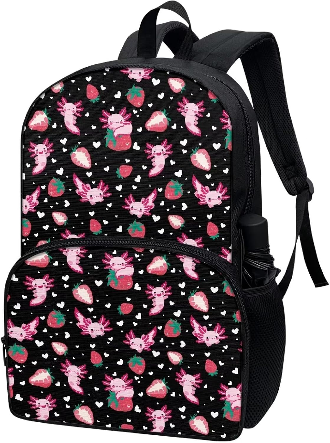Cartoon Strawberry Axolotl Backpack for Girls Durable Sturdy Lightweight 17" Cute School Backpack Teen Girls Kids Black Bookbag Double Zipper Aesthetic Casual Daypack with Front Pocket
