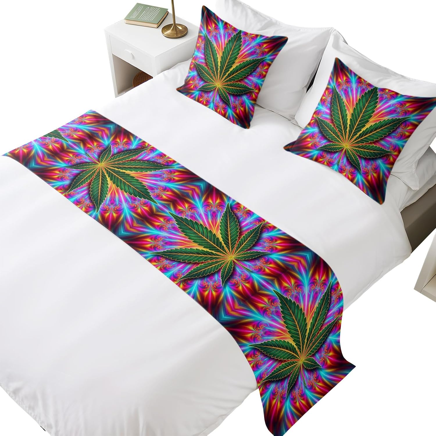 Abstract Leaf Beds Runner and 2 Matching Pillow Covers Modern Fantasy Green Leaf Cosmic Colorful Wreath Bed Runner Set, Throw Cushion Cover Bedding Scarves for Guesthouse, Hotel Decor 94 x 20 inch