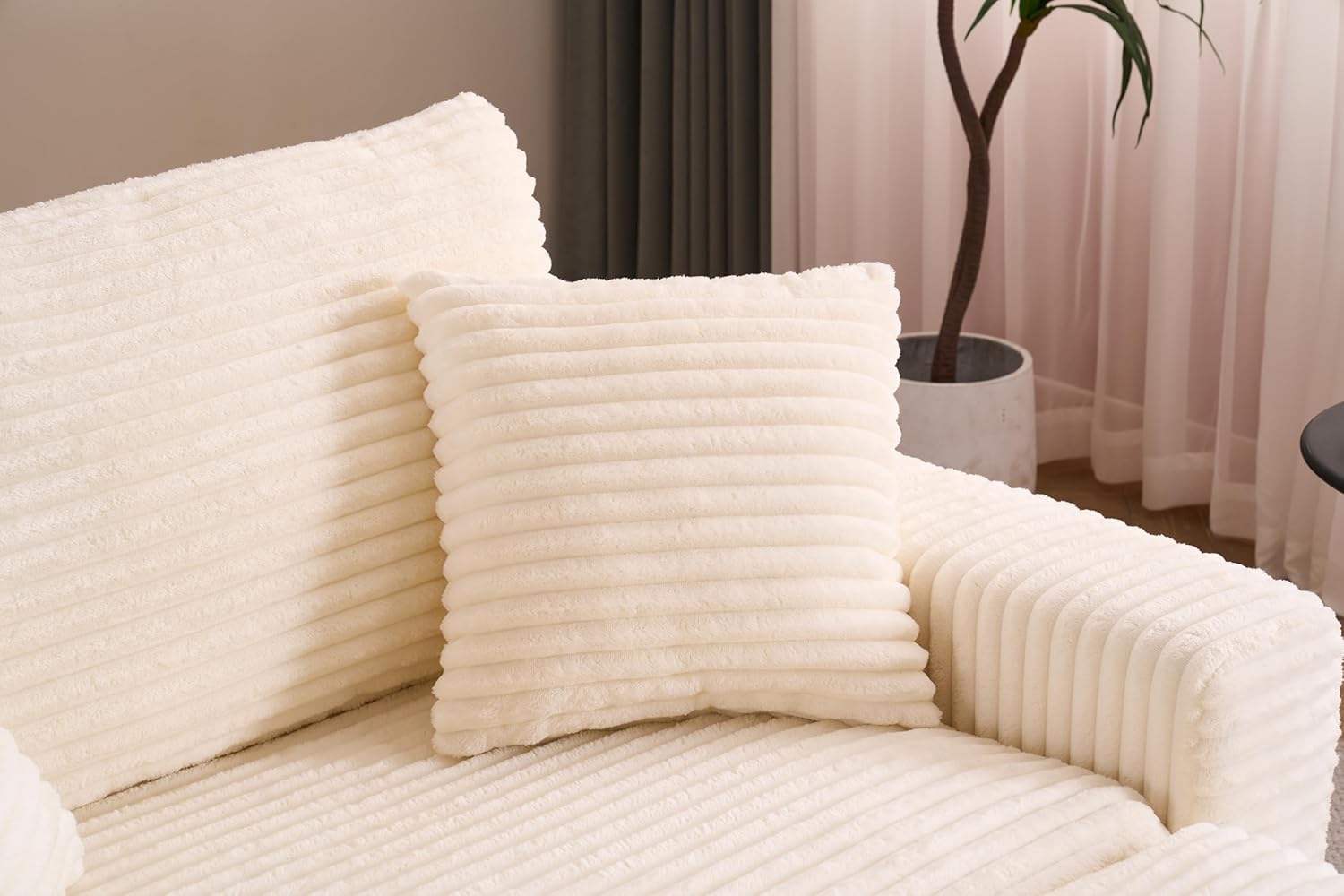 Oversized Indoor Lounge Chaise Chair with Ottoman, Extra Wide Corduroy Upholstered Sofa Chaise Deep Seat, Cozy Living Room Chair Pocket Spring Cushion (Beige)