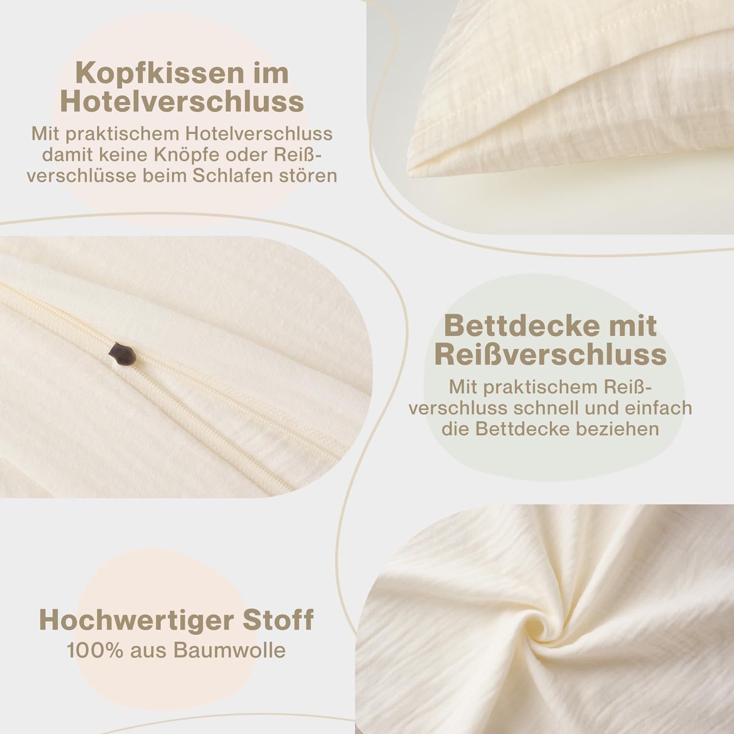 Blumtal Ropa de Cama 200x220cm - Oeko-Tex Certificado - Algodón Muselina Beige - Funda nórdica + 2 Funda de Almohada 80x80 - Ropa de Cama 200x220 - Unisex - Made in Europe