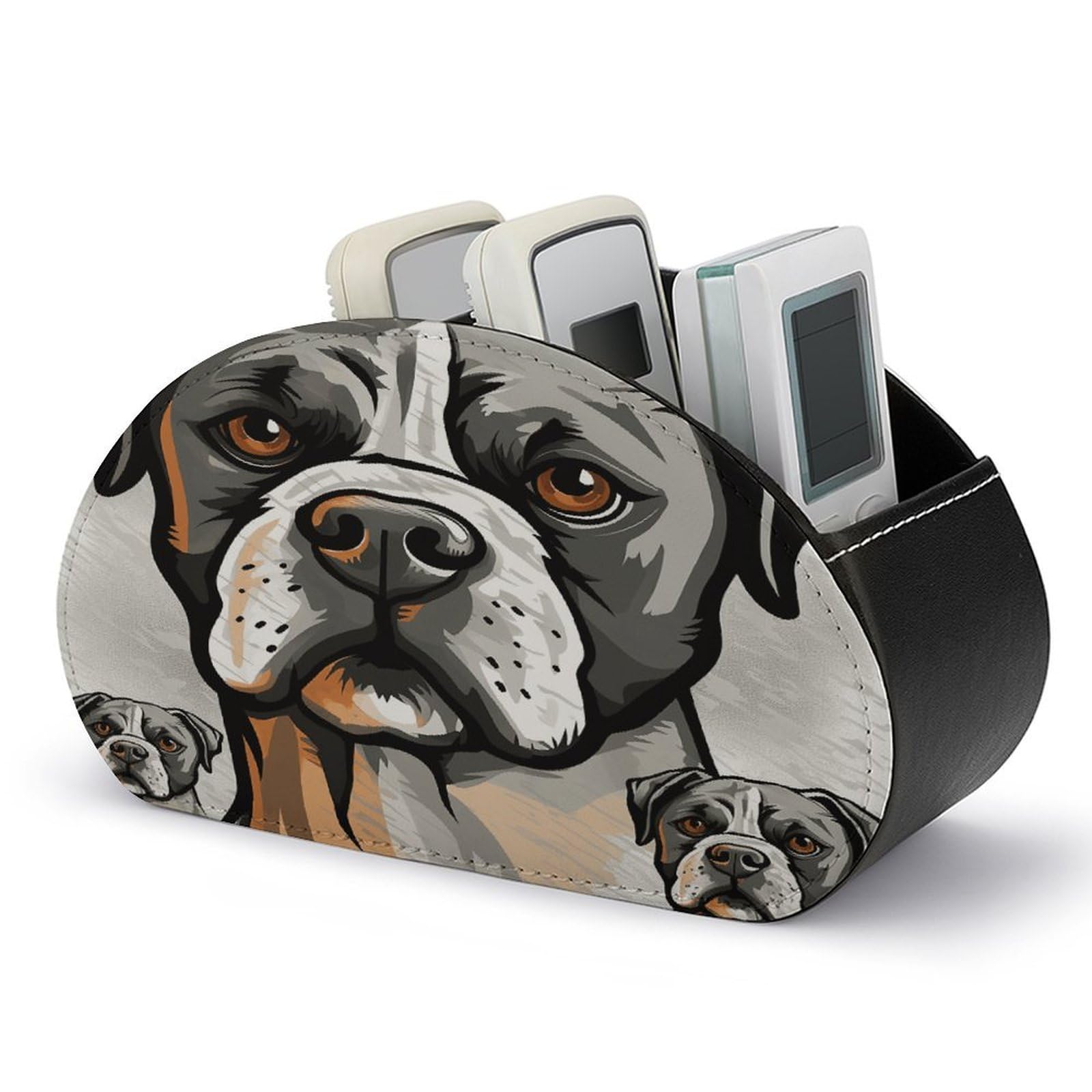 VstaDank American Bulldog Head Remote Control Holder Farmhouse TV Media Remote Storage Box with 5 Compartments PU Leather Remote Caddy Desktop Organizer for Home Bedside Table Organizer