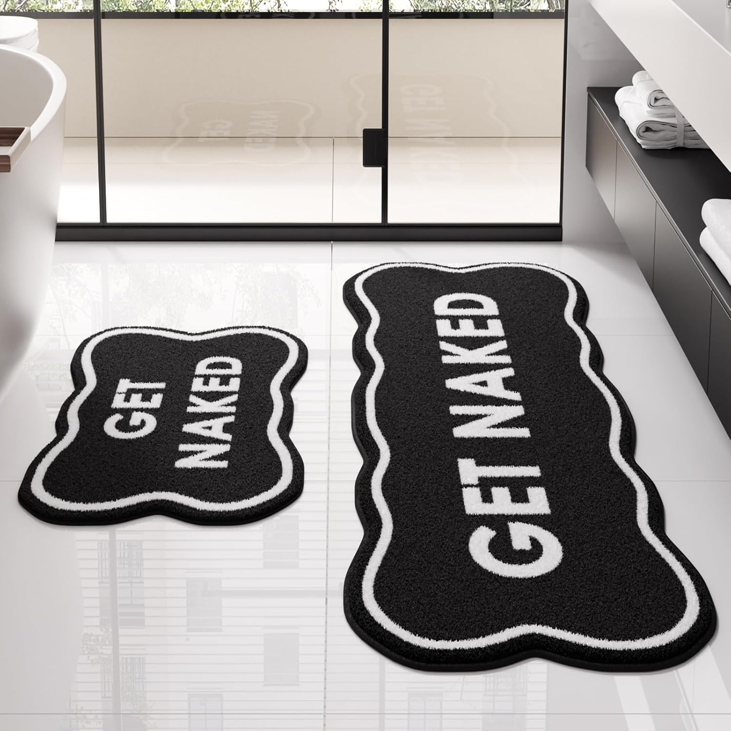BSSN Get Naked Bath Mat, 2 Pieces Cute Black Bathroom Rugs Set, Ultra Absorbent Microfiber Tufted Bath Rug, Non-Slip & Machine Washable, 16"x24" + 18"x47" Fun Aesthetic Decor for Shower & Tub