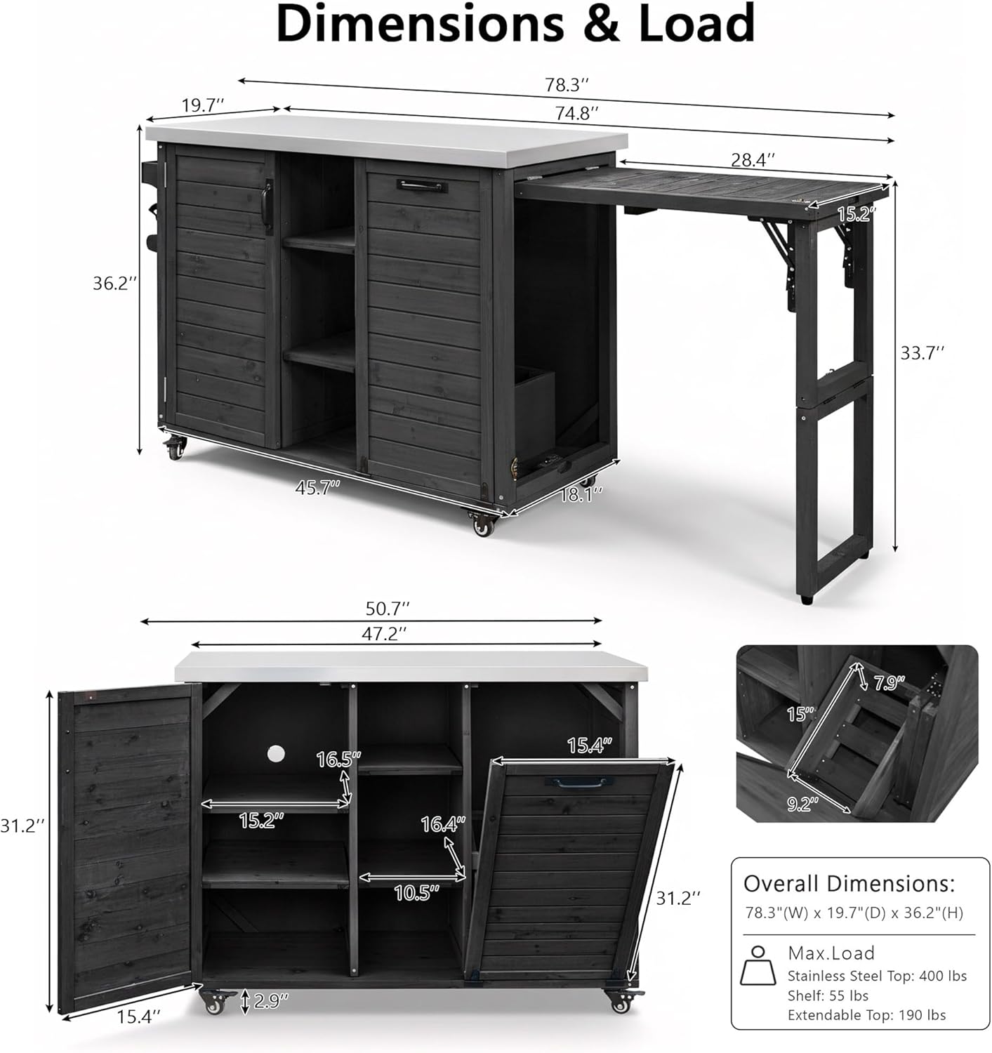 Solid Wood Outdoor Grill Cart Table with Stainless Steel Top & Tilt-Out Trash Can Cabinet, Patio Kitchen Storage Island Extendable Prep Station on Wheels for Backyard Garden, Black