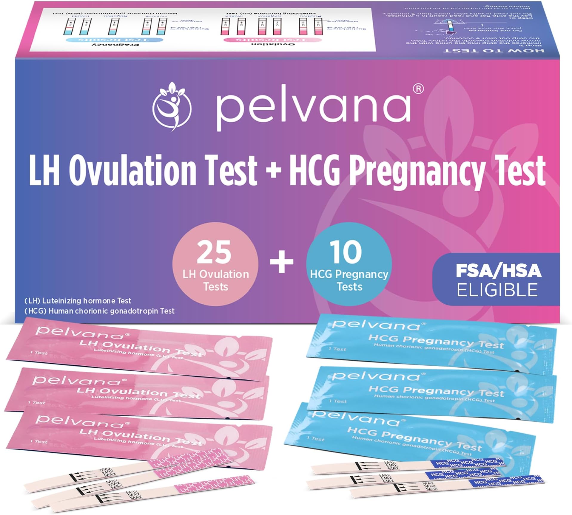Pelvana Ovulation and Pregnancy Test Strip Combo Kit, 25 LH Ovulation Tests + 10 HCG Pregnancy Tests