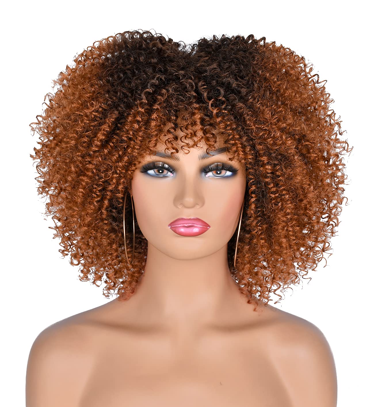 CoCrowns 10Inch Short Curly Afro Wigs with Bangs Bomb Afro Kinky Curly Wig for Black Women Synthetic Fiber Full Wig (Ombre Brown) - Image 2