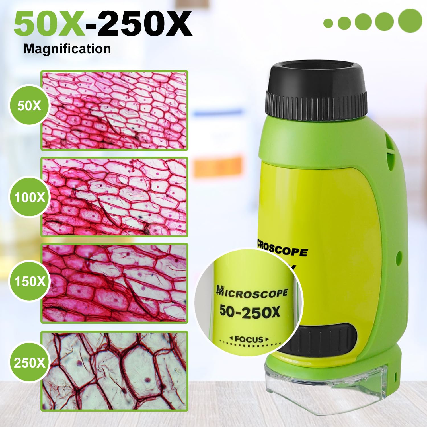 50X-250X Mini Microscope de Poche, Microscope pour Adultes Enfant, avec Adaptateur téléphonique, Pince à épiler (Vert&Jaune)