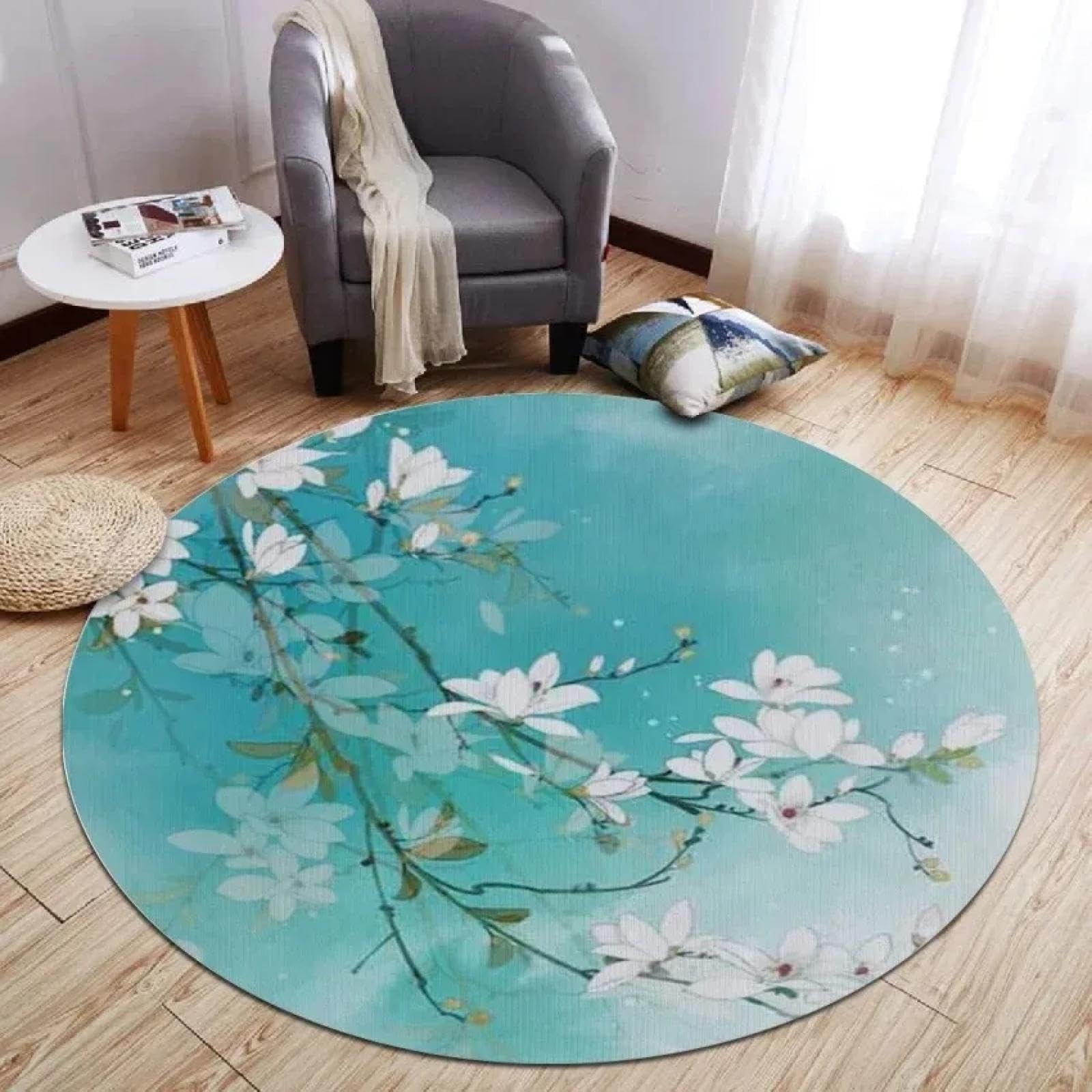 Tapis de sol rond décoratif 100cm imprimé fleurs oiseau pour salon chambre salle de bain