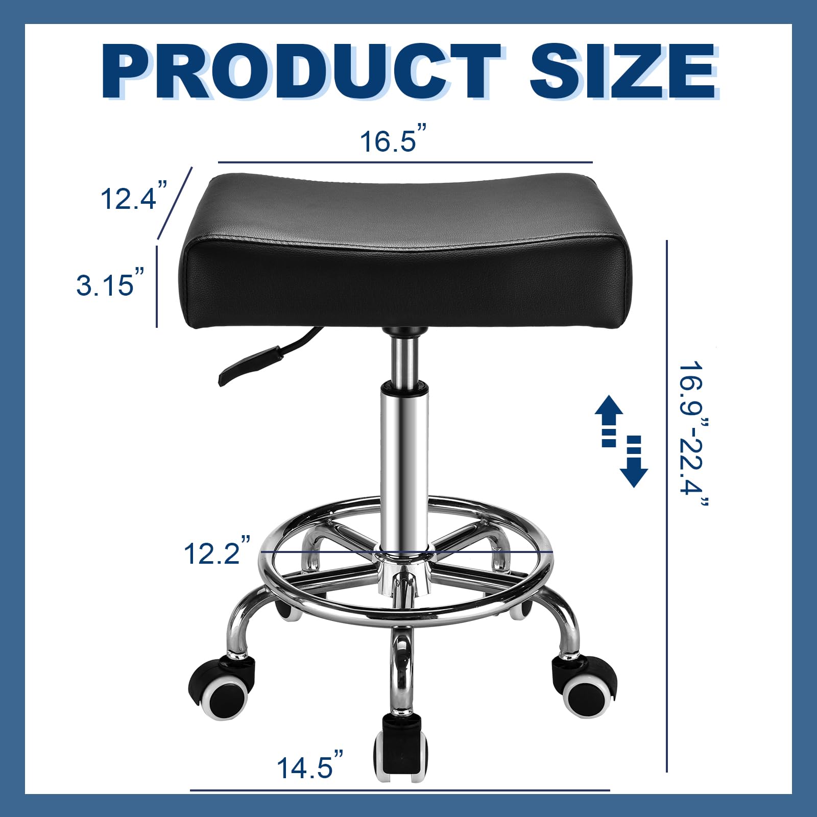 Premium Black Rolling Stool with Wheels, Adjustable Height and Swivel Seat