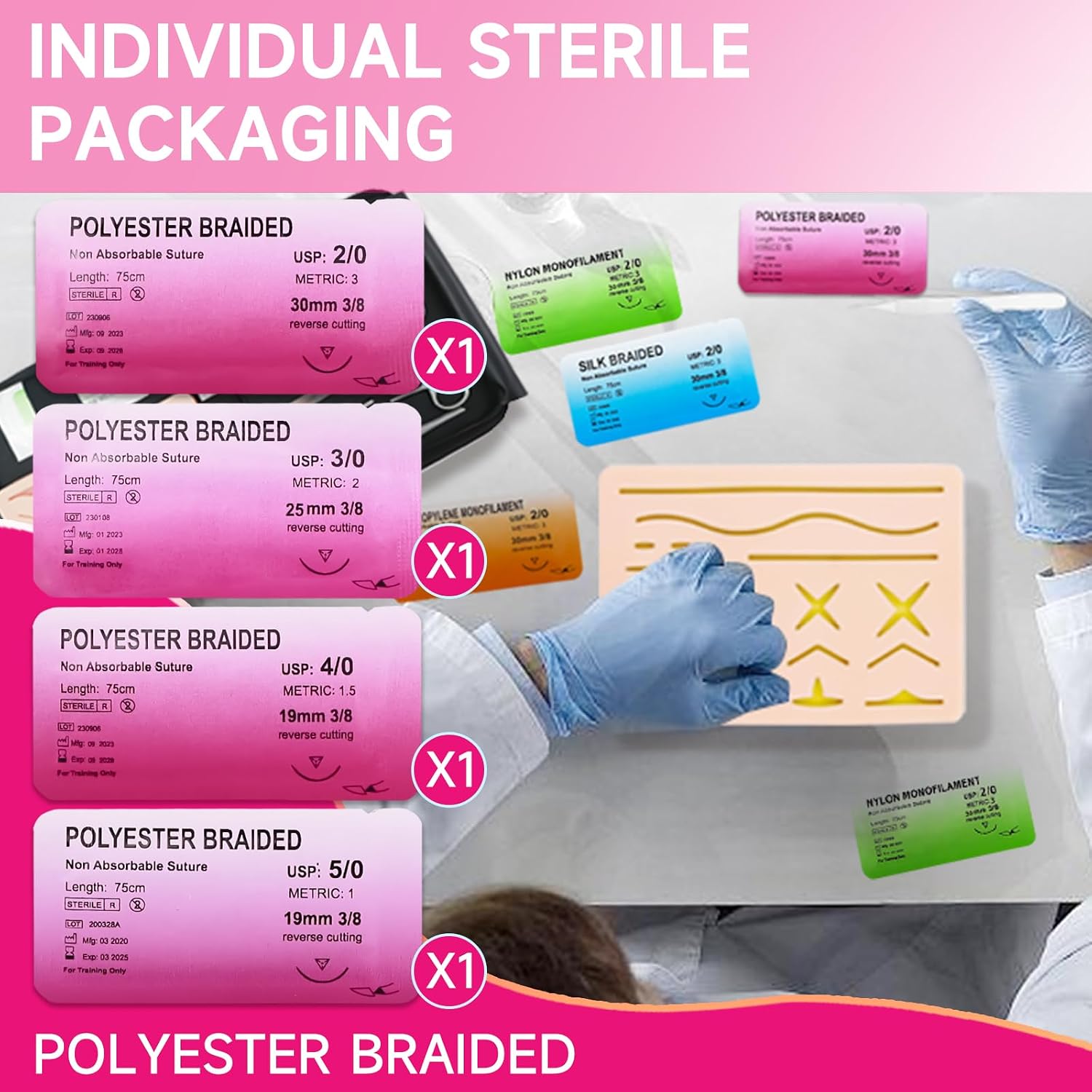 Sutures Thread with Needle (24 Mixed 2/0, 3/0, 4/0, 5/0) - Practicing Suturing(Education Use Only)