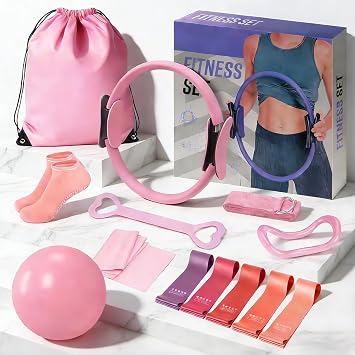 Pilates Ring Set for Women, Pilates Equipment Set, Pilates Kit for Home Workouts with Resistance Bands, 12 Magic Circle, Mini Ball, Toning and Flexibility, Non-Slip Socks 13 Pack