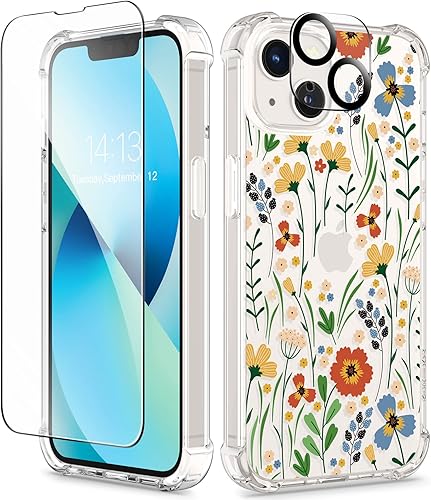 GVIEWIN Funda diseñada para iPhone 13 de 6.1 pulgadas, con protector de pantalla de vidrio templado + protector de lente de cámara, flor