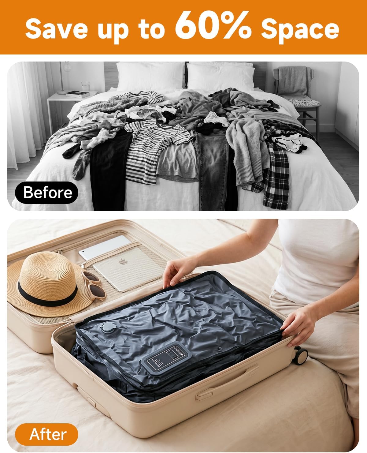 Vacuum Seal Bags for Travel, 5KPa Pump Built-in, 43L Space Saver Compression Bag for Luggage, Reusable Vacuum Storage Bag for Clothes (Black, 1 Pcs)