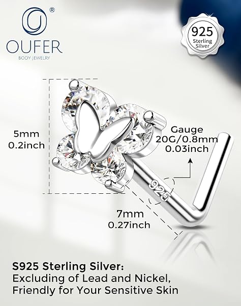 OUFER Piercing Nez 925 Argent Sterling Nose Piercing Jewellery L-Forme 20G Percing au Nez 7mm Vis Minimaliste CZ Transparent Bijoux pour Nostril pour Femmes - 2