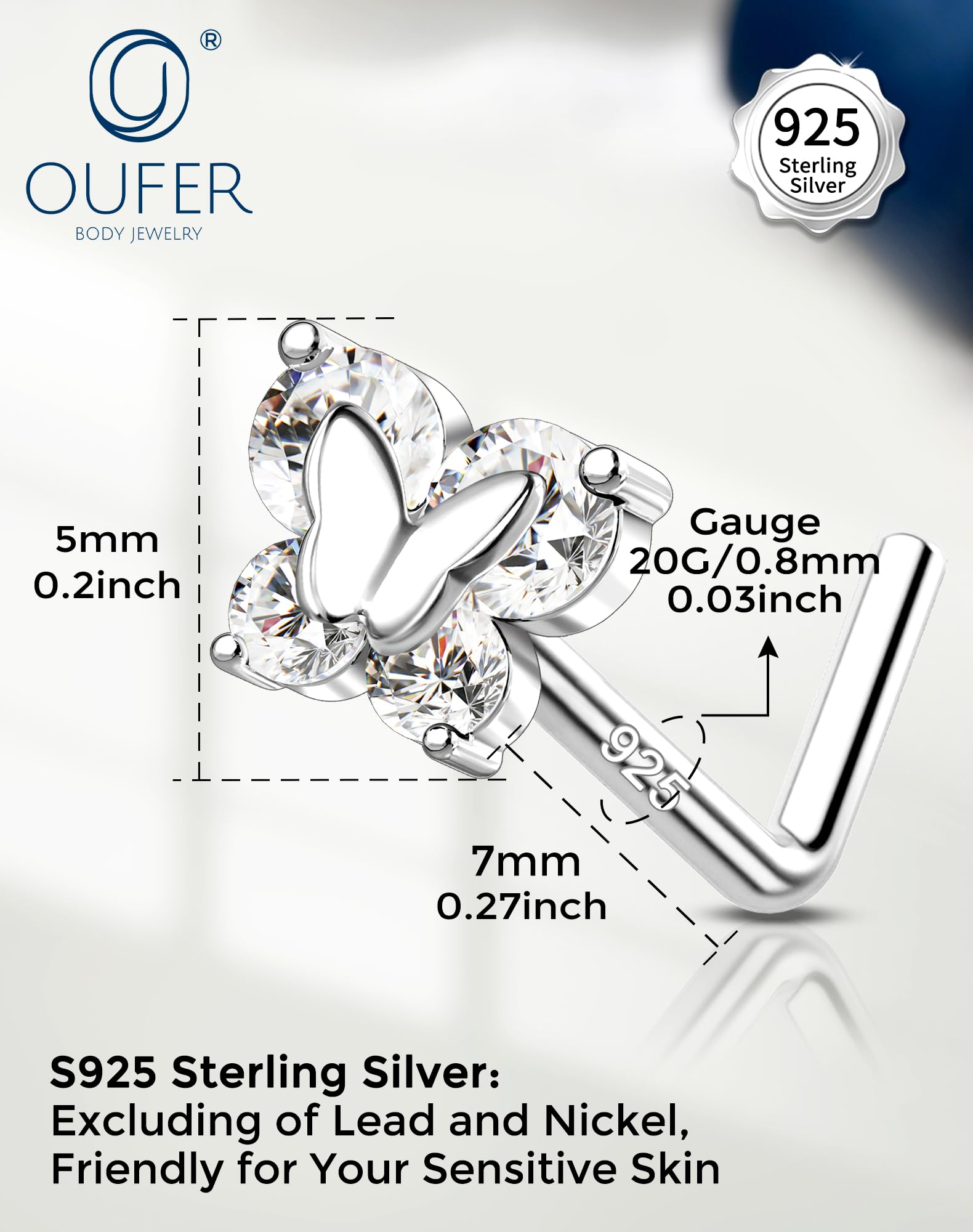 OUFER Piercing Nez 925 Argent Sterling Nose Piercing Jewellery L-Forme 20G Percing au Nez 7mm Vis Minimaliste CZ Transparent Bijoux pour Nostril pour Femmes - 3