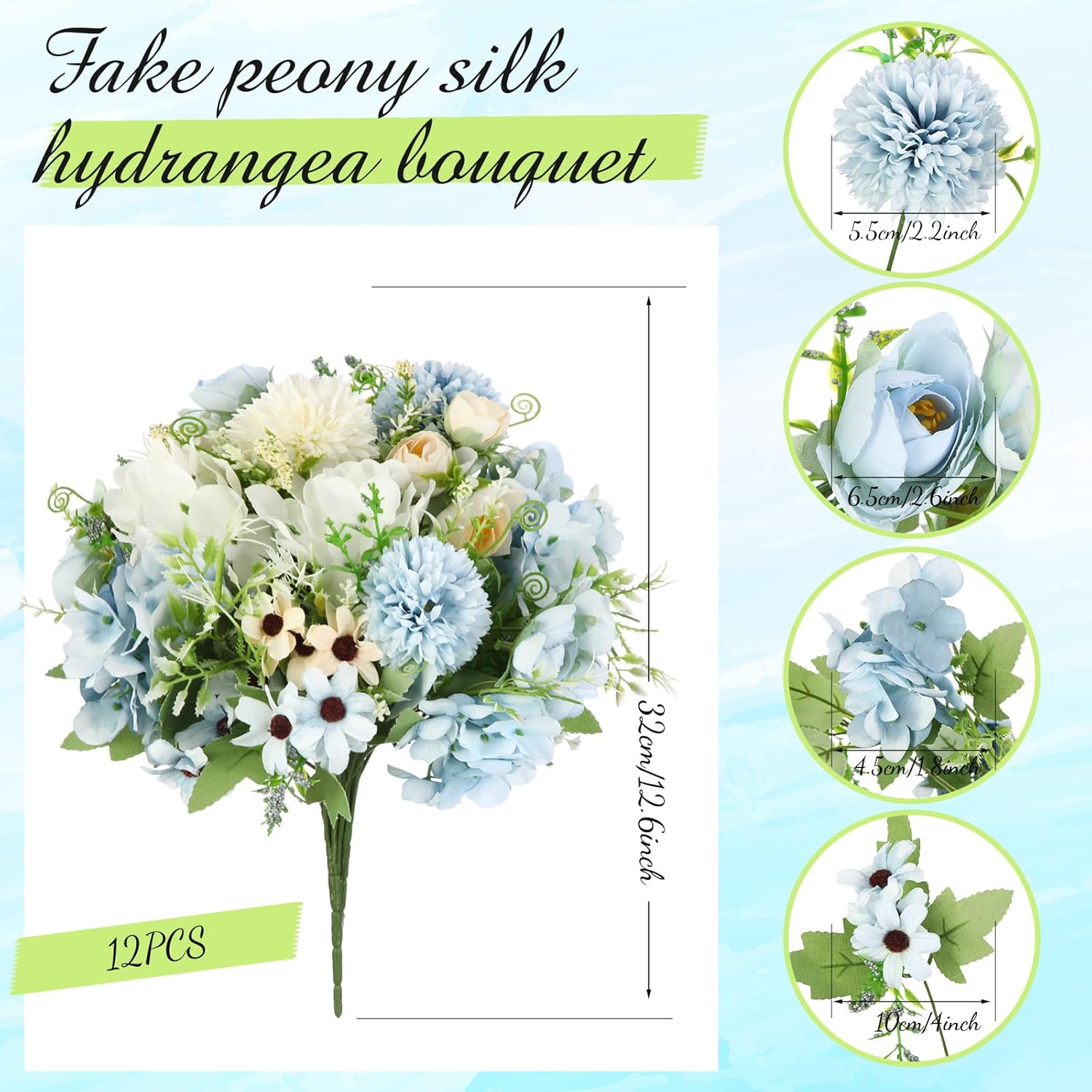 Tigeen 12 Bundles Peonies Artificial Flowers Faux Roses Silk Flowers Hydrangea Artificial Bouquet for Wedding Table Centerpiece Floral Vase Home Office Bridal Decor (Champagne White,Blue) - Image 2