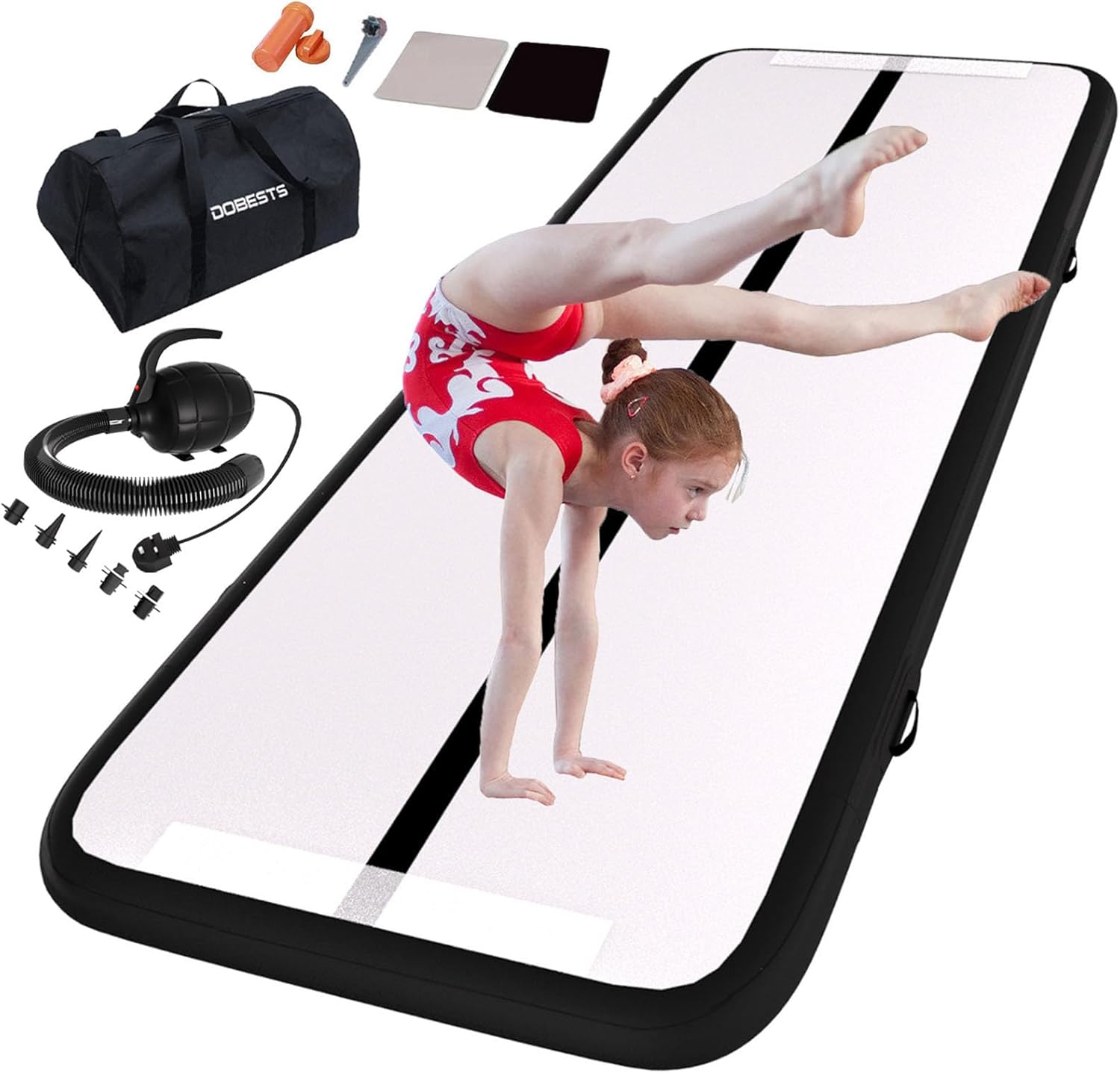 dobests inflatable air gymnastics mat tumbling mat tumble track gymnastics training for kids home 6.6 feet 10 feet 13feet 16feet 20feet 4/8inch thick for cheerleading dance yoga cheer water with pump black 13.12ft*3.3ft*4in(4*1*0.1m)