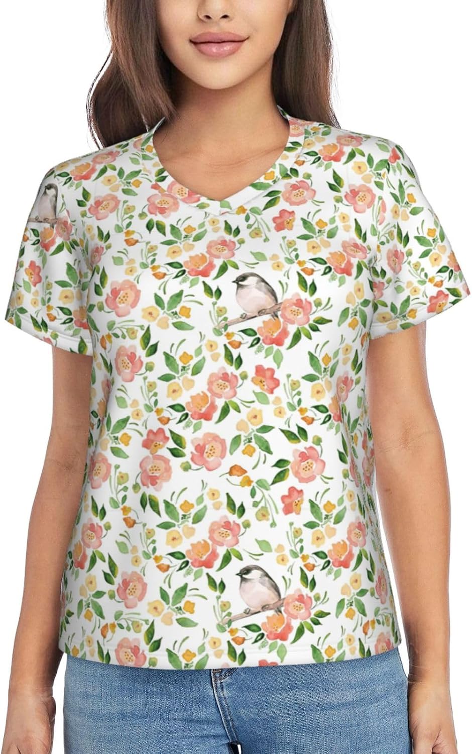 Women Casual Flower and Bird Print V-Neck T-Shirt Short Sleeve Summer Trendy Tops