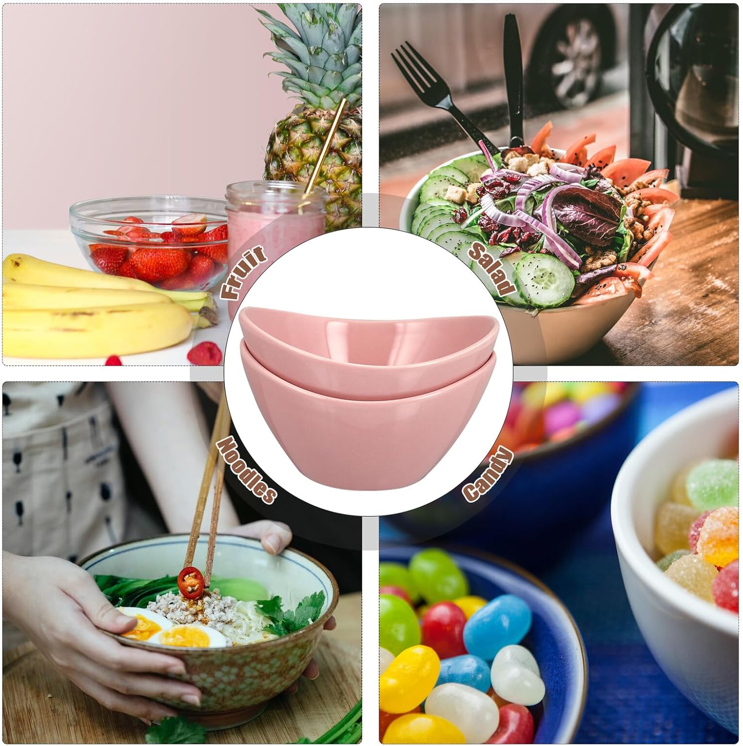 2pcs Japanese Style Ceramic Rice and Soup Bowls Small Pink Salad and Noodle Serving Bowls for Home Kitchen Tableware