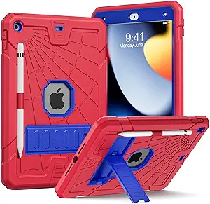 Sibeitu iPad 9th Generation Case with Stand & Pencil Holder, Kids Protective iPad 10.2 Inch Cover 7th 8th 9th Gen 2019 2020 2021, Blue & Red Spider Web Cool Design for Boys Girls Anime Lovers.