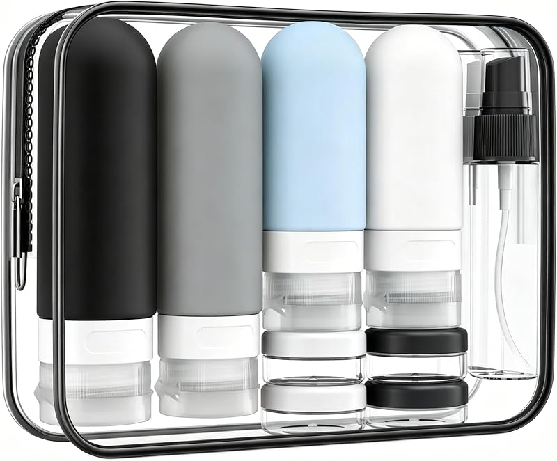 Tonater Kit com 17 Frascos Recarregáveis de Silicone para Viagem, Cores Preto, Cinza, Azul e Branco, Modelo YYP4