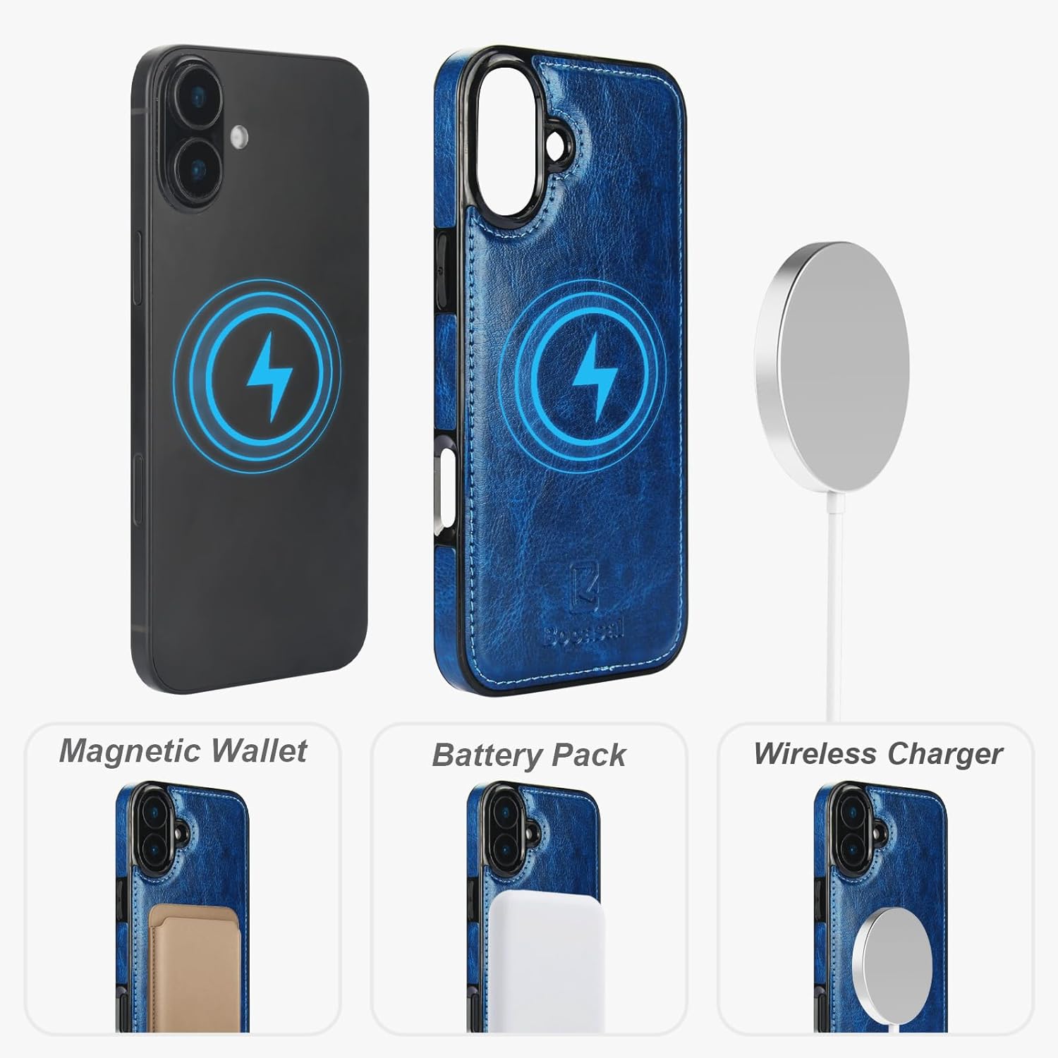 Bocasal for iPhone 16 Plus Wallet Case Compatible with MagSafe Wireless Charging, RFID Blocking Magnetic Leather Case with Card Slots Holder Kickstand Detachable Wrist Strap 6.7 Inch (Blue)