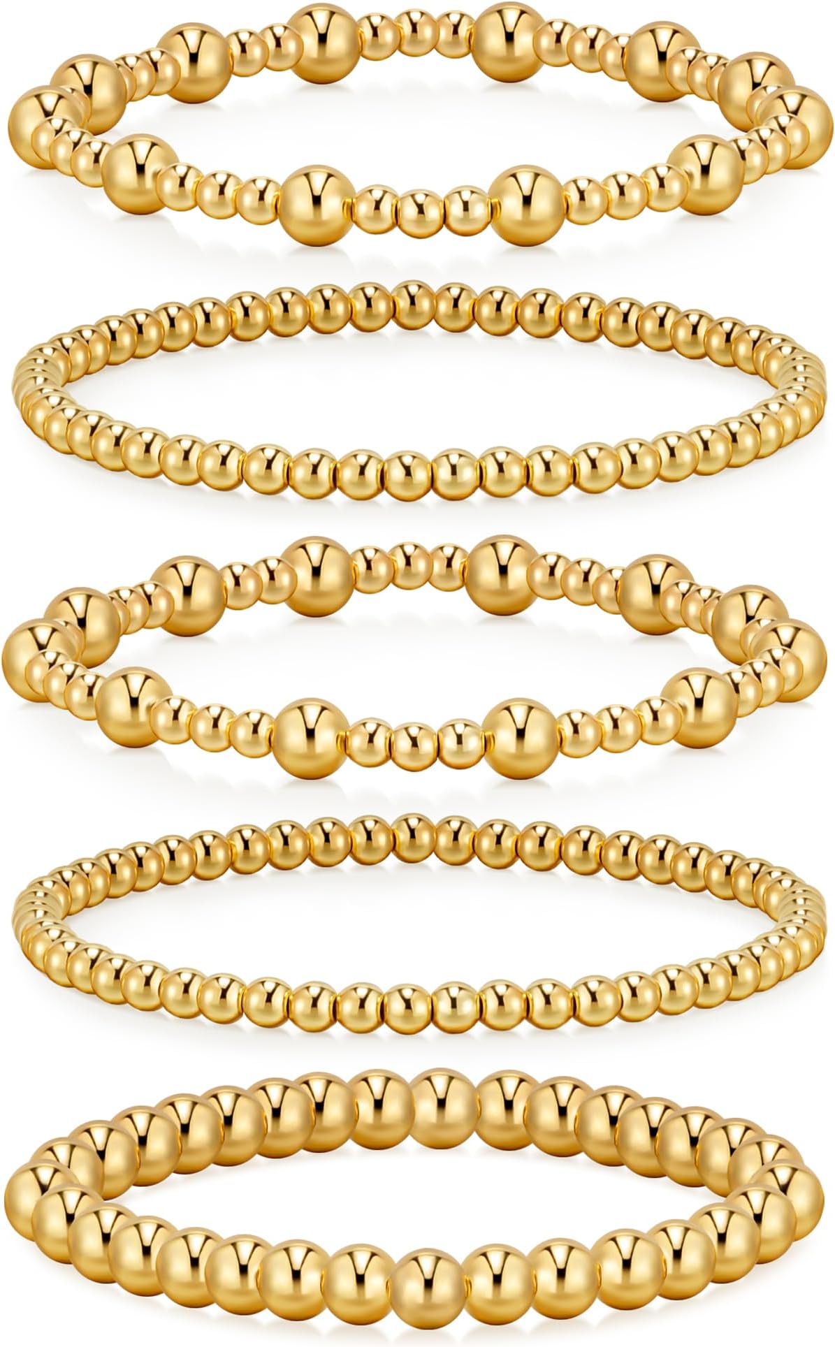 Gold Bracelets for Women, 5 Piece 14K Gold Plated Bracelet Stack Beaded Ball Jewelry Sets Gifts for Women