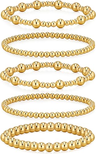 doubgood Pulseras de oro para mujer, pulseras elásticas de cuentas de oro para mujeres y niñas, chapados en oro de 14 quilates, apilables, conjuntos
