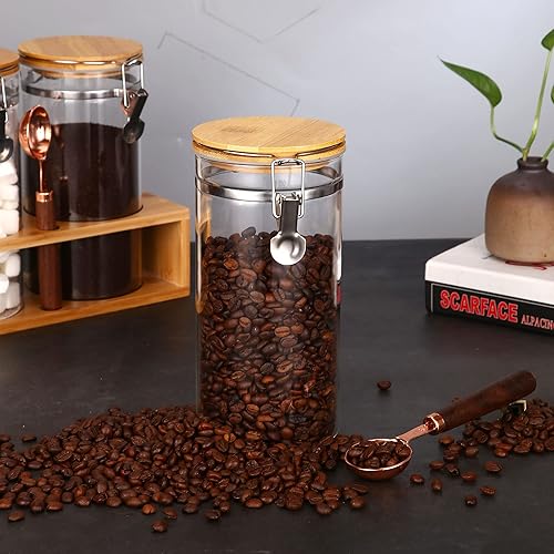 Miniatura 8 de GURUDAR Tarros de vidrio herméticos con tapas de abrazadera de bambú recipientes de vidrio sellados con estante de exhibición y cucharas recipiente