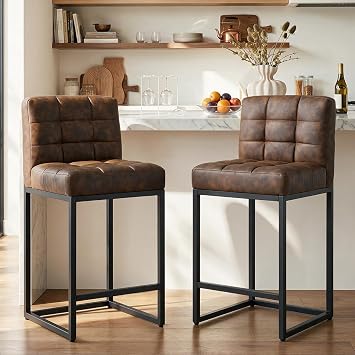GrandNoor Modern Counter Height Bar Stools Set of 2,25 Coffee Faux Leather Barstools with Back Sturdy Metal Legs, Checkered Wiring Thick Upholstered Counter Stools for Kitchen Island