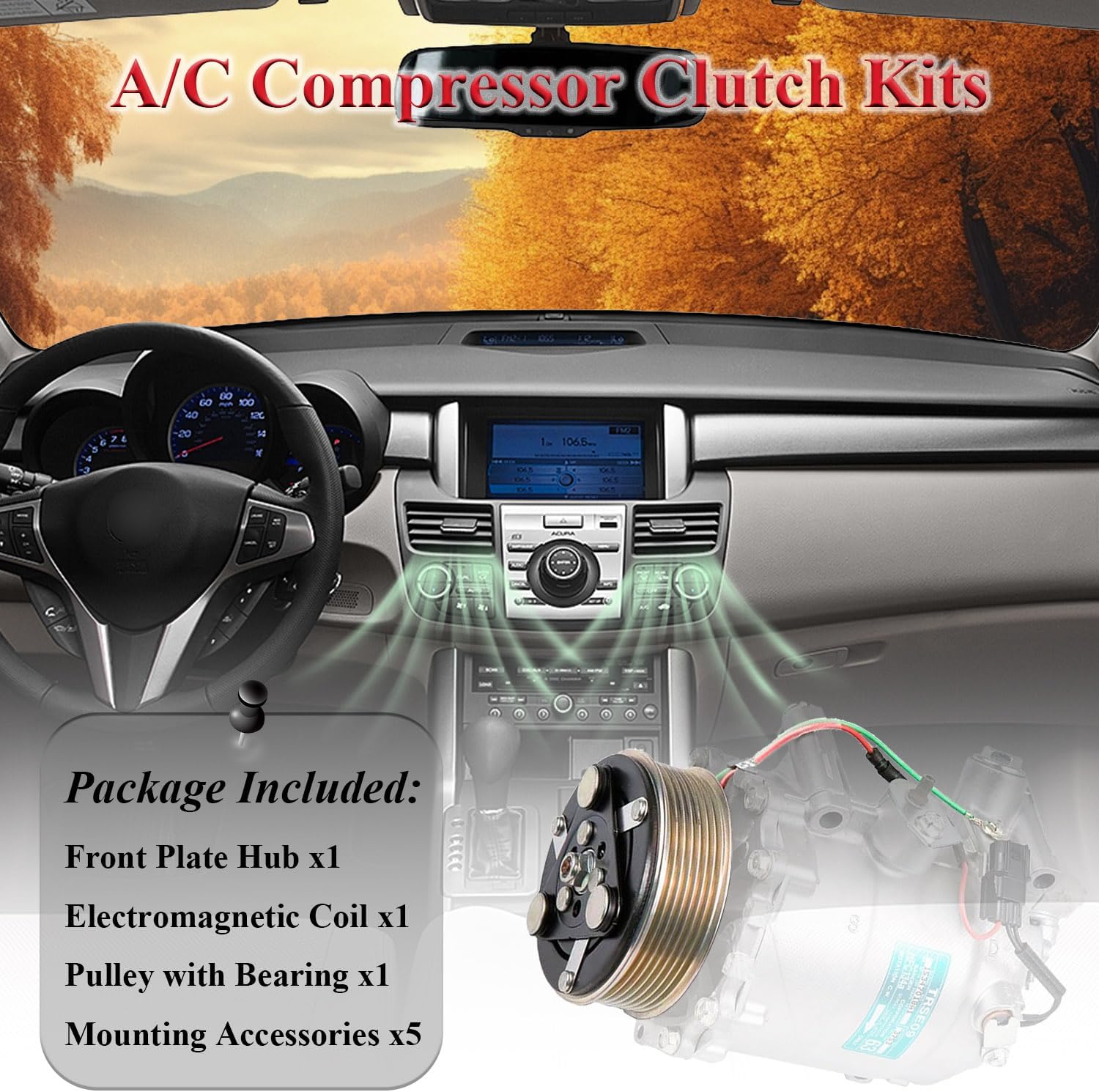 A/C Compressor Clutch Assembly Kit Plate Pulley Bearing Coil 1348 Replacement for 2007-2012 Acura RDX 2.3L, AC Air Conditioning Compressor Clutch Coil Auto Repair Kit