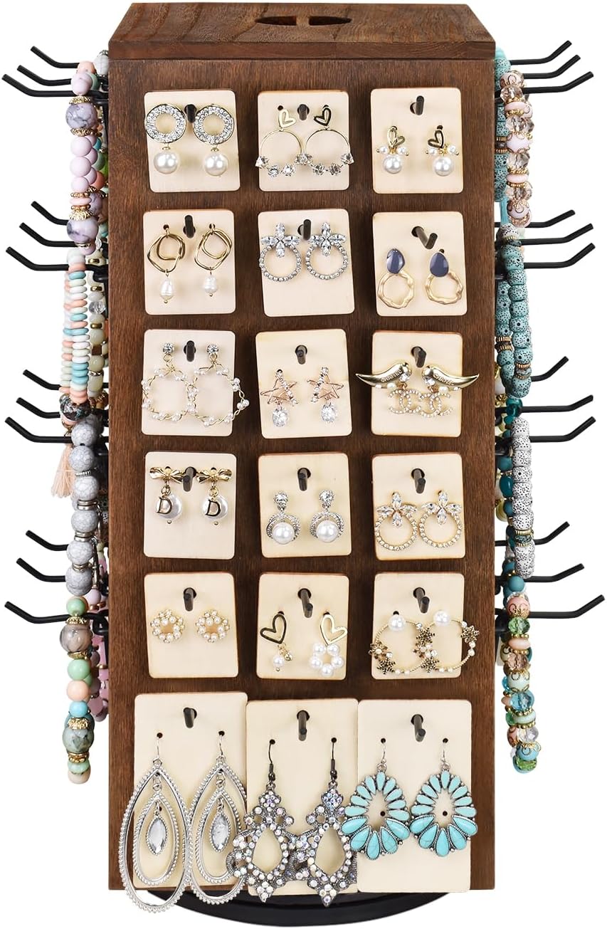 MOOCA Wooden Rotating Four-Sided Pegboard Jewelry Accessories Rack, Rotating Jewelry Display with a Lid for Large Inner Storage Space, 48 Removable Black Hooks, Brown Color