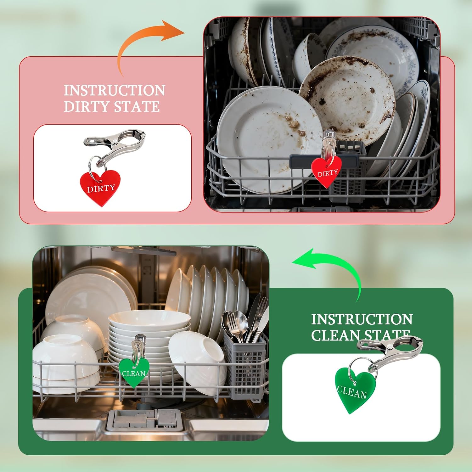 4 PCS Laundry Basket Labels Clean & Dirty Signs Laundry Room Organization Signs Red and Green Stainless Steel Clips Laundry Tags for Inside The Dishwasher Tips for Kids Rooms Bathrooms Laundry Room image 4