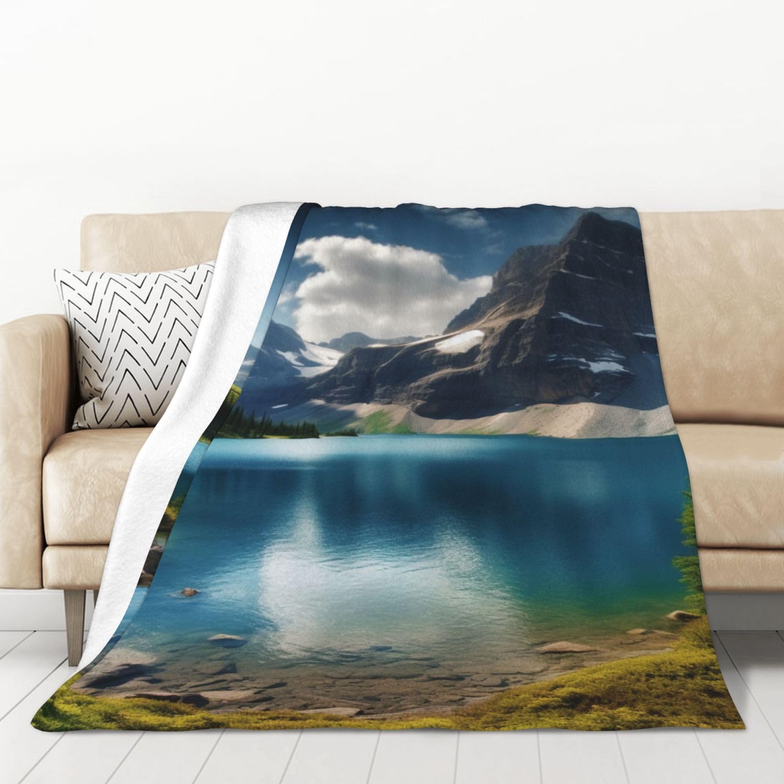 Couverture flanelle Nature Mountain Lake plaid 320g salon sofa chaud