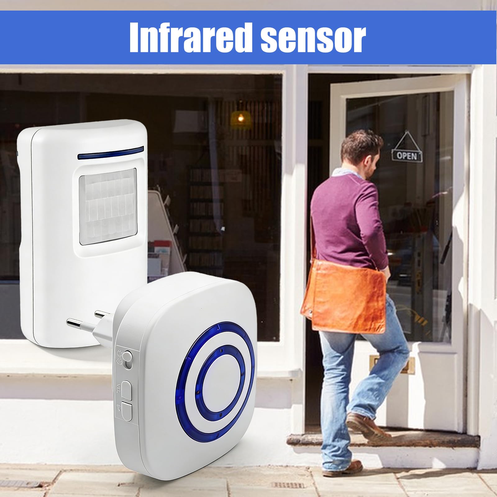 Rilevatore di passaggio senza fili con rilevatore di movimento, 4 sensori di movimento PIR e 2 ricevitori, allarme di passaggio radio con 38 suonerie, sistema di allarme per negozio, casa, garage