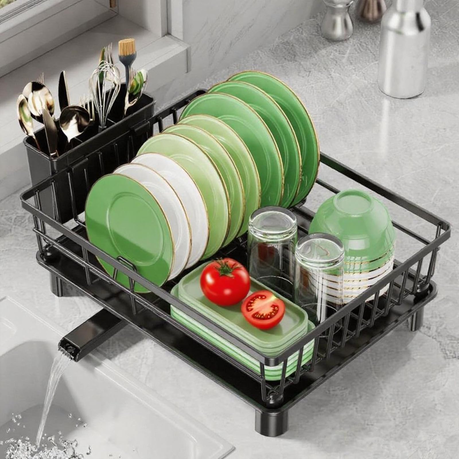 yiyicas Dish Drainer Rack with Drip Tray, Sink Dish Drainer with Drainage Spout, Utensil & Cutting Board Holders for Kitchen Counter Space-Saving, Black
