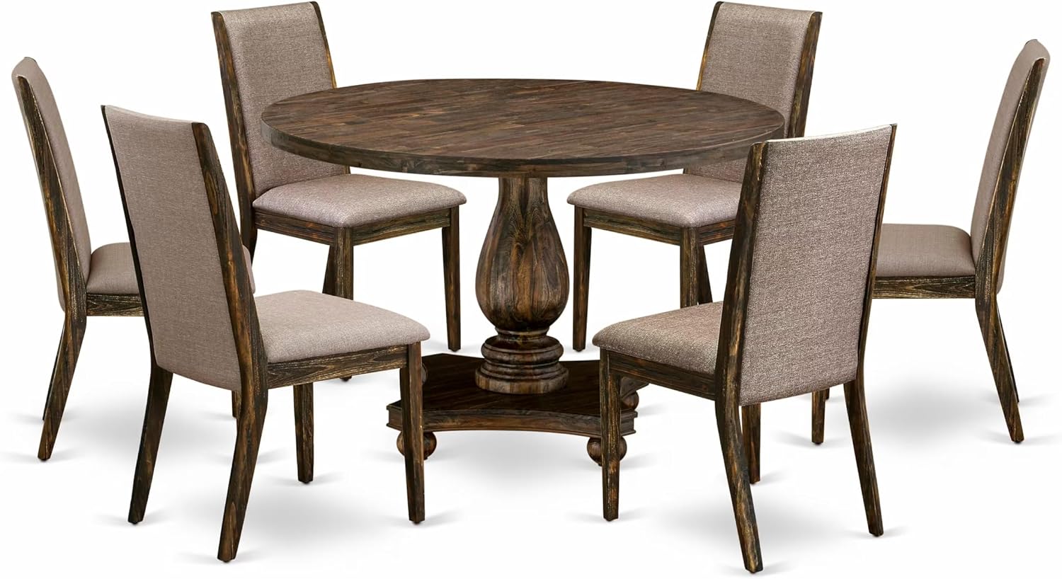 East West Furniture I2LA7-716 7 Piece Dining Table Set Consist of a Round Dining Room Table with Pedestal and 6 Dark Khaki Linen Fabric Upholstered Chairs, 48x48 Inch, Distressed Jacobean