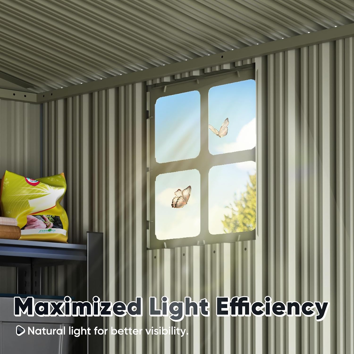 Interior view of the Quictent shed showing natural light entering through a clear-panel window.