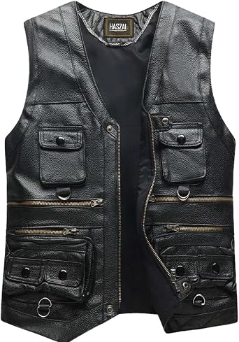 Mens Genuine Leather Motorcycle Vest with Multi-Pockets - Biker Classic Tactical Gear