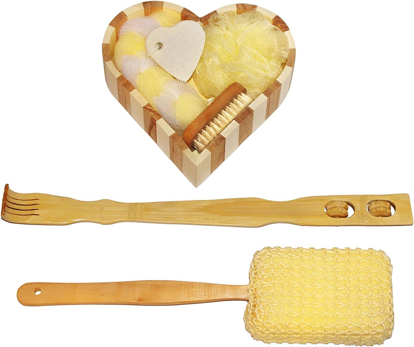 Bath Accessory Set for Women or Men - Body Sponge, Pumice Stone, Back Scratcher, Pouf, Nail Brush, Back Sponge - And Beautiful Heart Shaped Bathroom Gift Basket