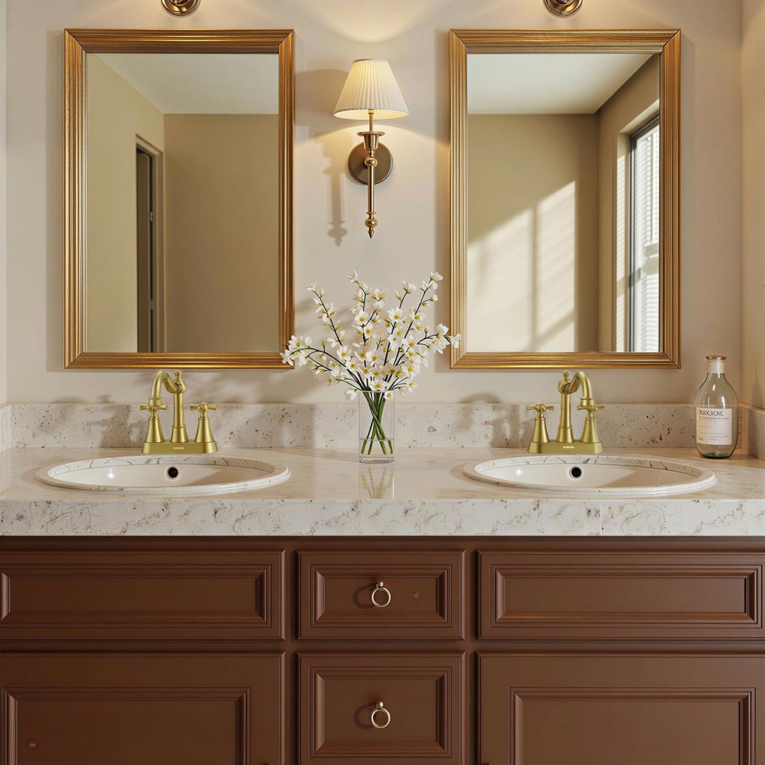 Hurran 4-inch Centerset Brushed Gold Classical Bathroom Faucet, 2 Handles for 2 or 3 Hole Sink with 360° Swivel Spout, Pop Up Drain Assembly and Supply Hose for Vanity Sink Lavatory Faucet