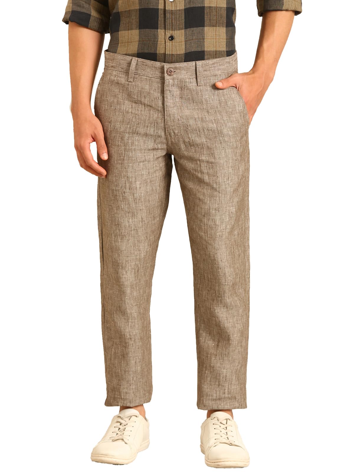 Men's Linen Brown Solid Contemporary Fit Casual Trouser-image-38