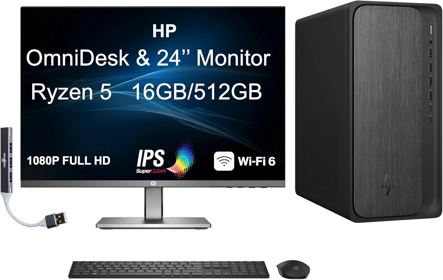 HP OmniDesk M02 AI PC Desktop (AMD Ryzen 5 8500G, 16GB DDR5, 512GB SSD, AMD Radeon 740M, 280W PSU, WiFi 6, Bluetooth 5.2, RJ-45, 1 Display Port, HDMI, Win 11 Home) w/DKZ USB Port Expander