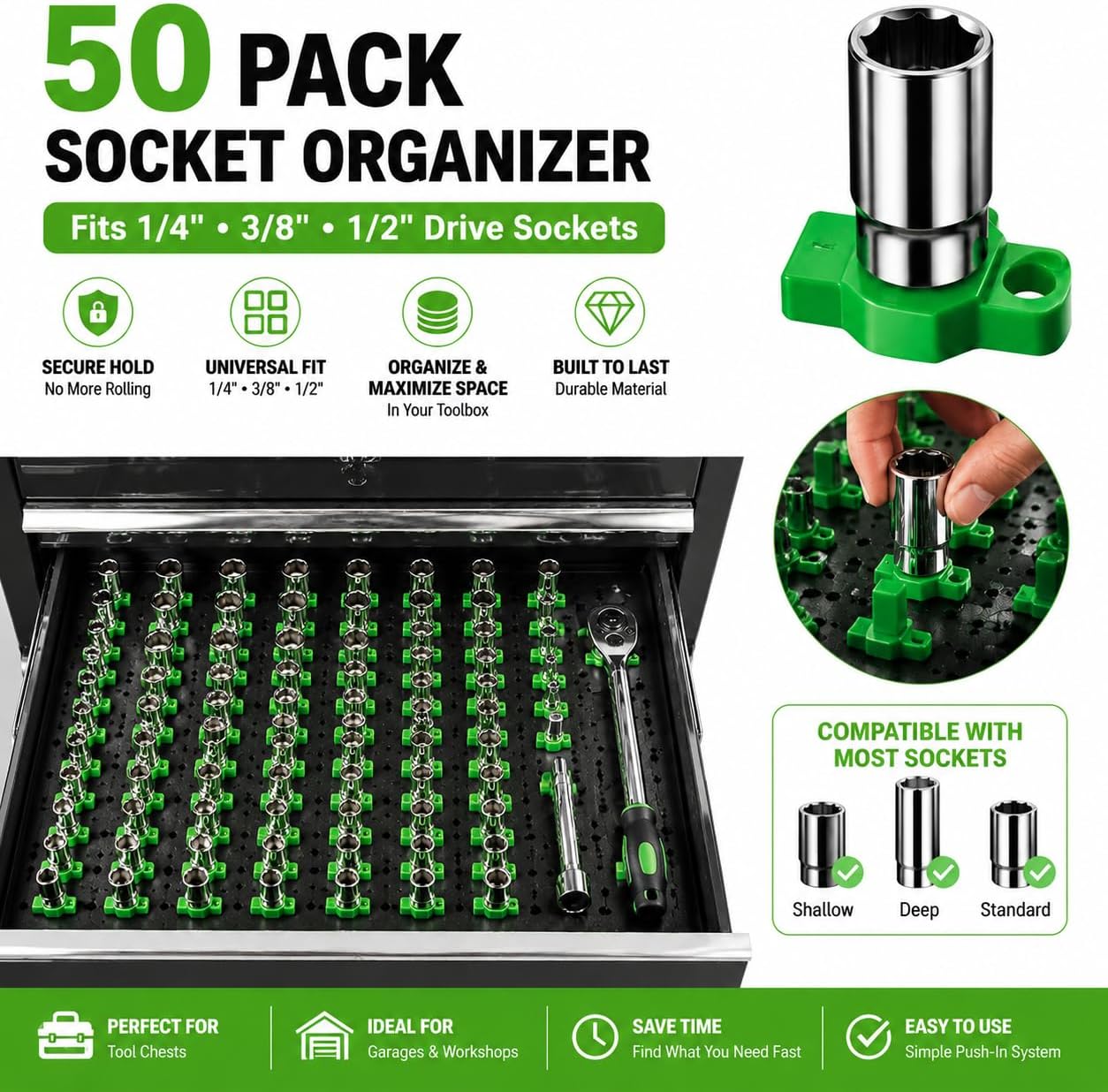 Tool Grid Socket Holder Organizer, compatible with Socket Wrenches, Storage Rack for Workshop Tools, Easy Access and Space Saving,50 packs (1/2)